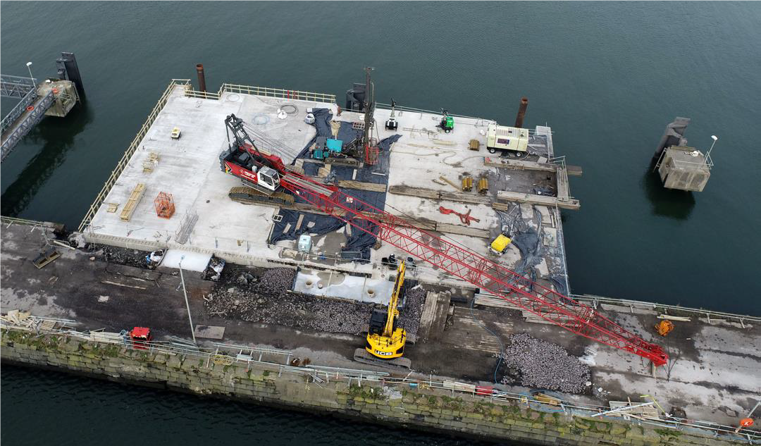 Aerial shot of the marine shows the Troon Harbour construction site. Works are nearing completion.