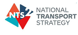 The red, blue and orange intersecting triangles of the National Transport Strategy 2 logo.