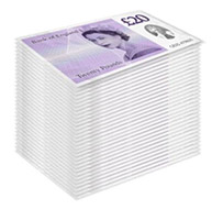 A tall stack of 20 pound notes.