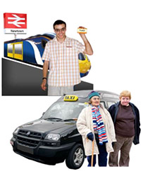 A man holding a train ticket at a station. 
2 older women in front of a taxi.