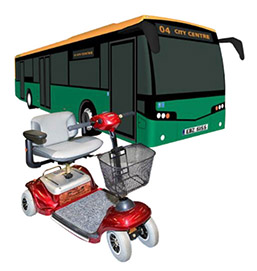 A single decker city bus. A mobility scooter in front.