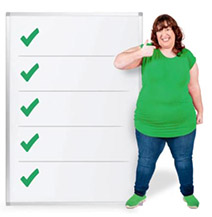 A smiling woman with her thumb up next to a vertical list of green ticks.