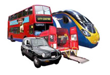 Transport - a bus, train, taxi and minibus with ramp.
