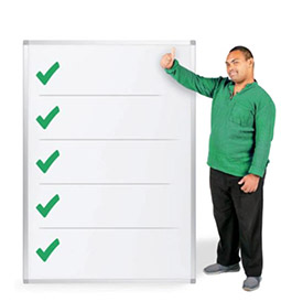 A smiling man with his thumb up next to a vertical list of green ticks.