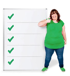 A smiling woman with her thumb up next to a vertical list of green ticks.