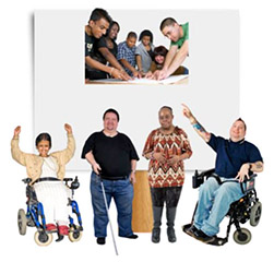 A group of disabled people looking empowered and pointing upwards at a poster showing a team of 6 people all crowded around the same plan on a table, pointing together at the centre.