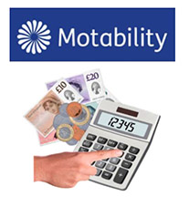 The Blue and white Motability logo. Below is a hand using a calculator and a pile of bank notes and coins.