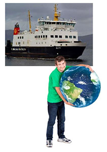 A ferry.
A man holding a large globe.