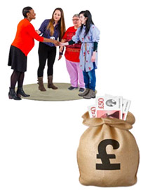 4 women, 1 is introducing the others to a fourth woman. They shake hands. 
A money bag with 50 pound notes sticking out of the top.