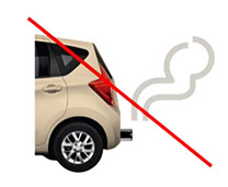 A car exhaust with fumes, crossed out by a diagonal red line.