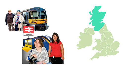A train with 2 older women stood on the platform. 2 young women in front of a train with a ramp. A map of the UK with Scotland highlighted in bright green.
