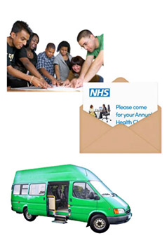 A group of people working together on the same document.
An envelope with a NHS appointment invitation inside.
An accessible minibus.