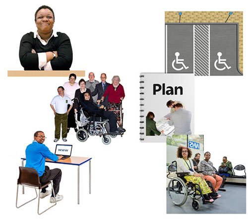 A boss crossing her arms at her desk. A group of disabled and older people.
A man sat at a table using the internet on his laptop. 2 disabled parking spaces. A plan document. An NHS waiting room with several people sitting there.