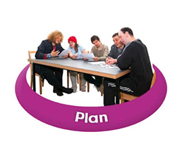 5 people sat at a table planning together. The word 'plan' is below them.
