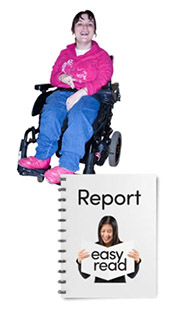 A smiling young woman in a wheelchair. A report document.