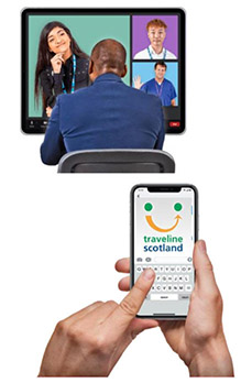 A man sitting in front of a screen showing a Zoom style meeting, with boxes showing other people's faces.
2 hands using a mobile phone showing Traveline on the screen.