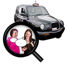 A black taxi. A magnifying glass with a woman asking survey questions to another woman.