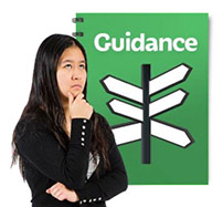 a thinking woman next to a document with the title 'guidance' and a signpost on the cover.