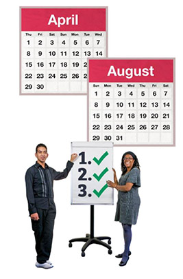 Calendar pages showing April and August. A man and woman standing with a flipchart. There are numbers from 1 to 3 with green ticks.