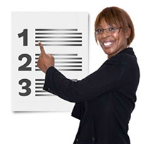 A smiling woman pointing to 3 items on a list.