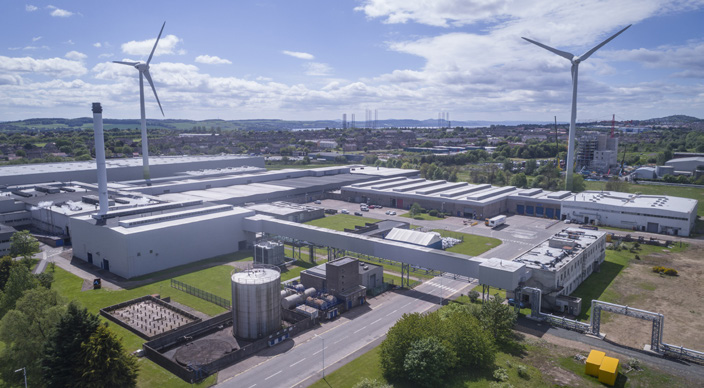 The MSIP Innovation Parc from above, showing the buildings and 2 wind turbines.