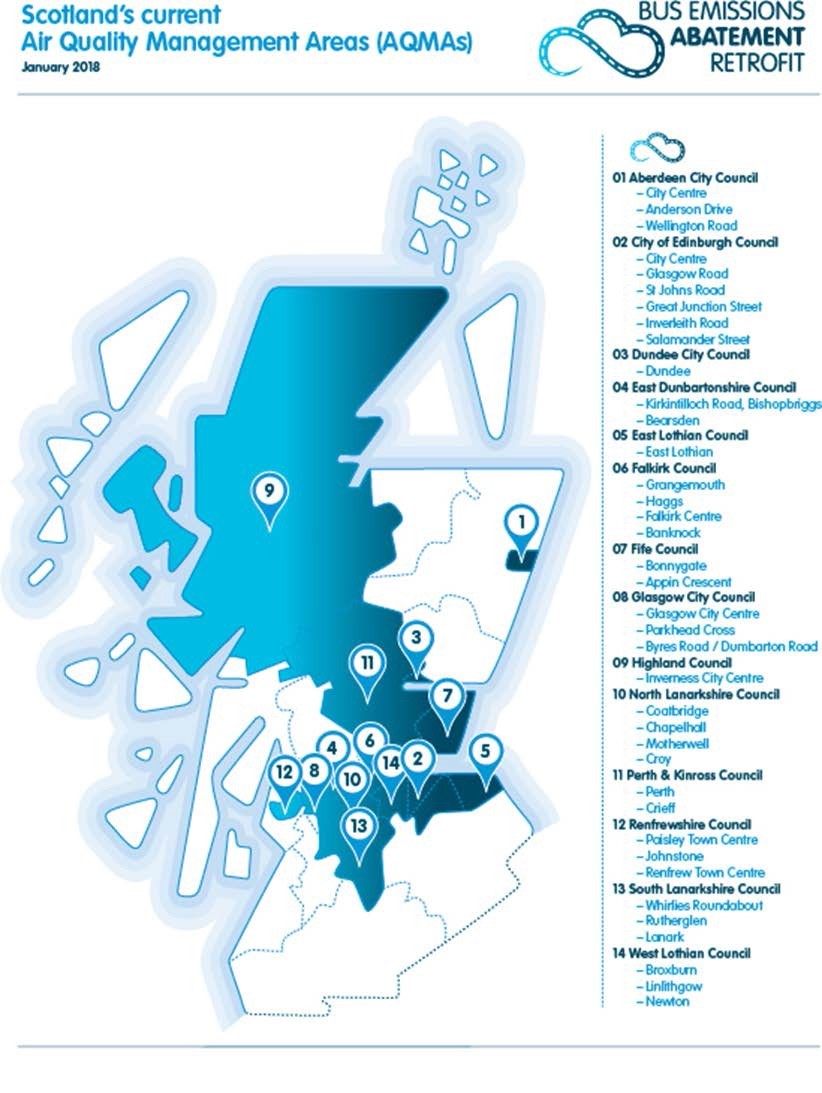 Shows Scotland's current air quality management areas as of January 2018. Areas covered are described in text below.