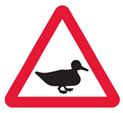 Red triangle warning sign with silhouette of duck