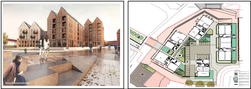 Courtyard, multi-storey buildings, and plan view of proposed development
