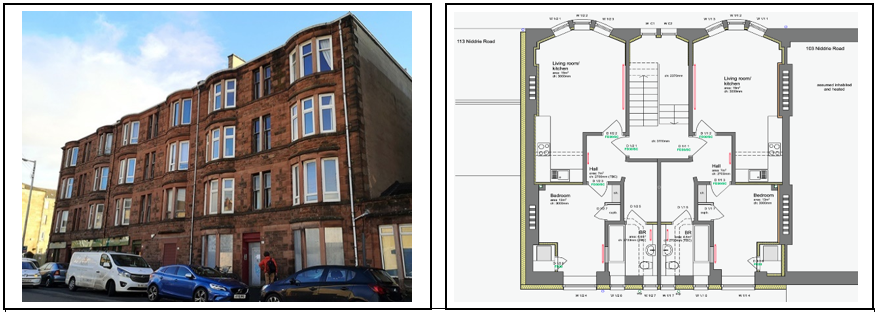 Tenement flats and plan view of planned development