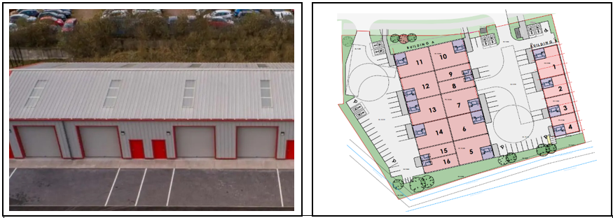 Industrial warehouse building and plan view of proposed development