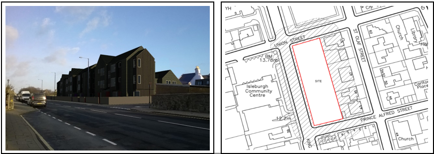 Road and residential flats and plan view of proposed development