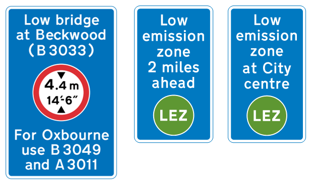 Signs showing the green circle with text saying 'LEZ' alongside other text saying, for example 'Low emission zone 3 miles ahead'.