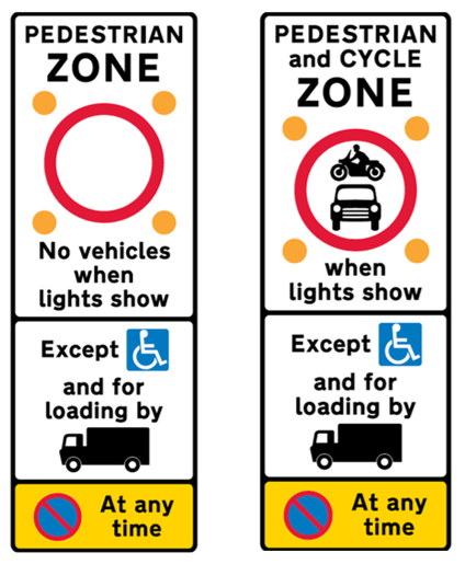 Signs with text saying 'Pedestrian zone' or saying 'Pedestrian and cycle zone' with flashing amber lights at the corners