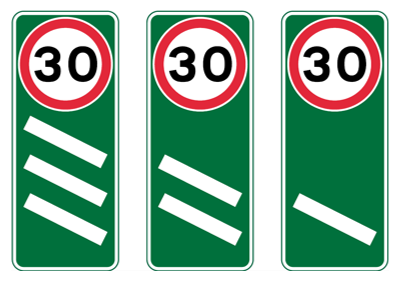 Approaching 30mph limit sign shown alongside countdown bars for 300 yds, 200 yds, 100 yds