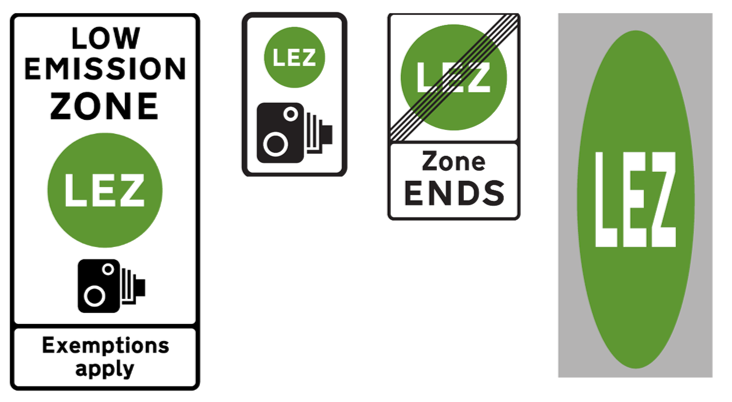Signs showing the green circle with text saying 'LEZ' alongside other road signs