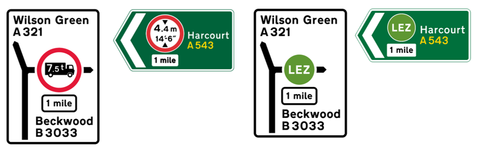 Signs showing the green circle with text saying 'LEZ' alongside other road signs