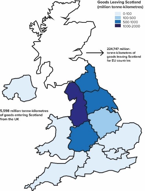 Figure shows a map illustrating the destinations of goods transported from Scotland to other regions in the UK. This information is summarised in Section 2.3.