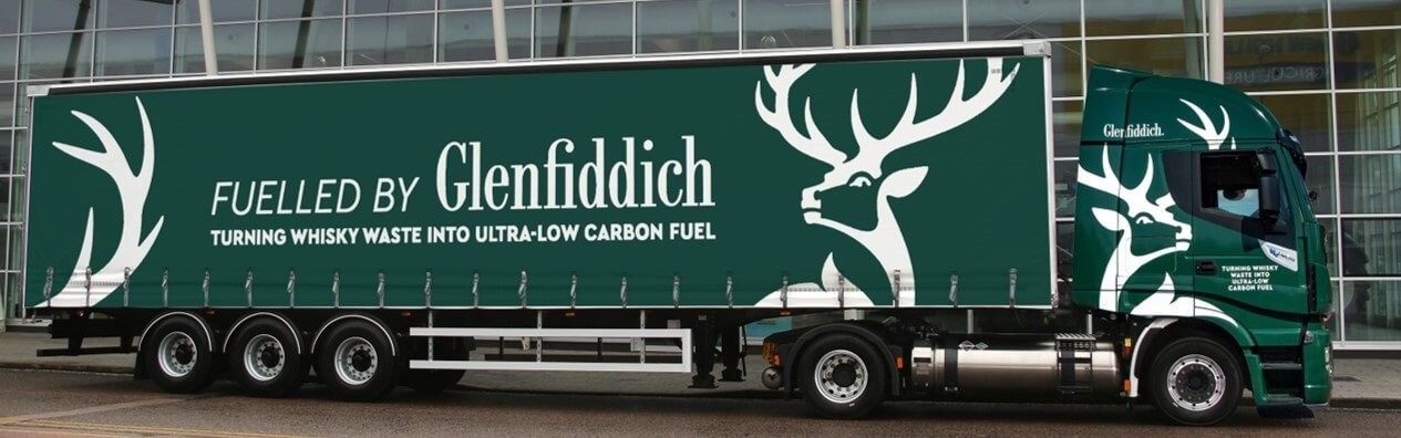Image shows a biogas truck fuelled by Glenfiddich