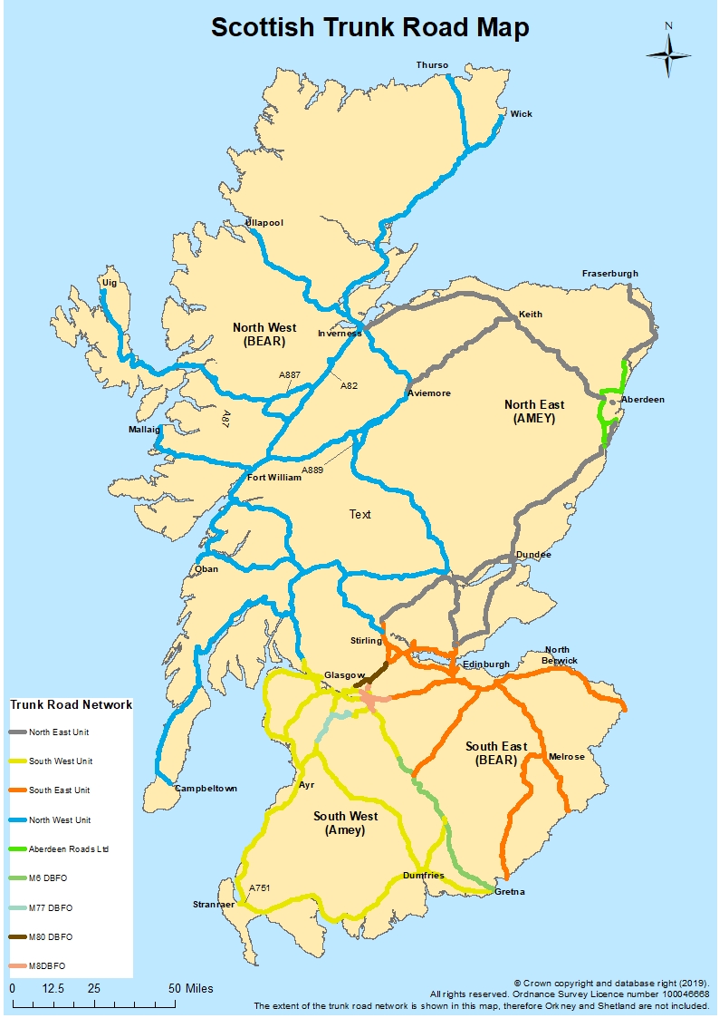 Map of Scottish trunk road network showing which operating company manages which region. BEAR (North West, South East), Amey (South West, North East).