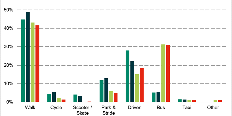 Graph showing Travel Modes by Year Groups, as explained in text below.