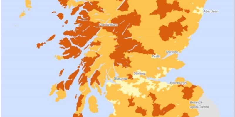 Map of Scotland showing Accessibility Score per region, as explained in the text above.