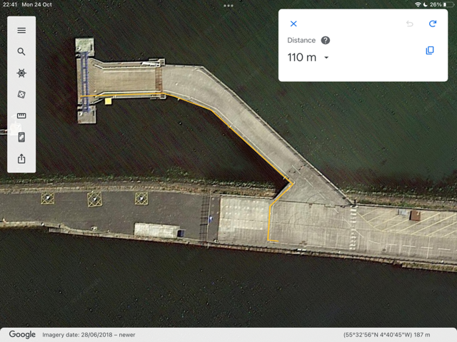 Google maps view showing the distance to walk up the linkspan from first bus stop as 110 metres