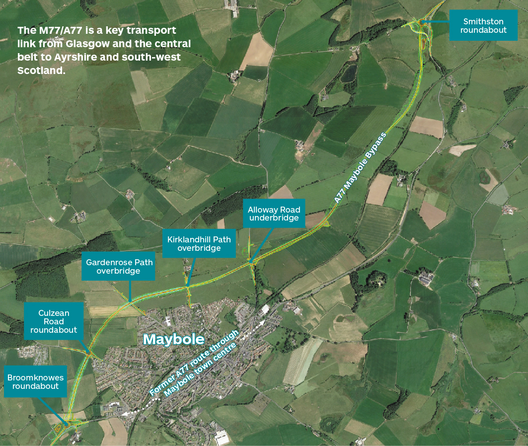 Map displaying sections of the A77 Maybole Bypass from an aerial view.