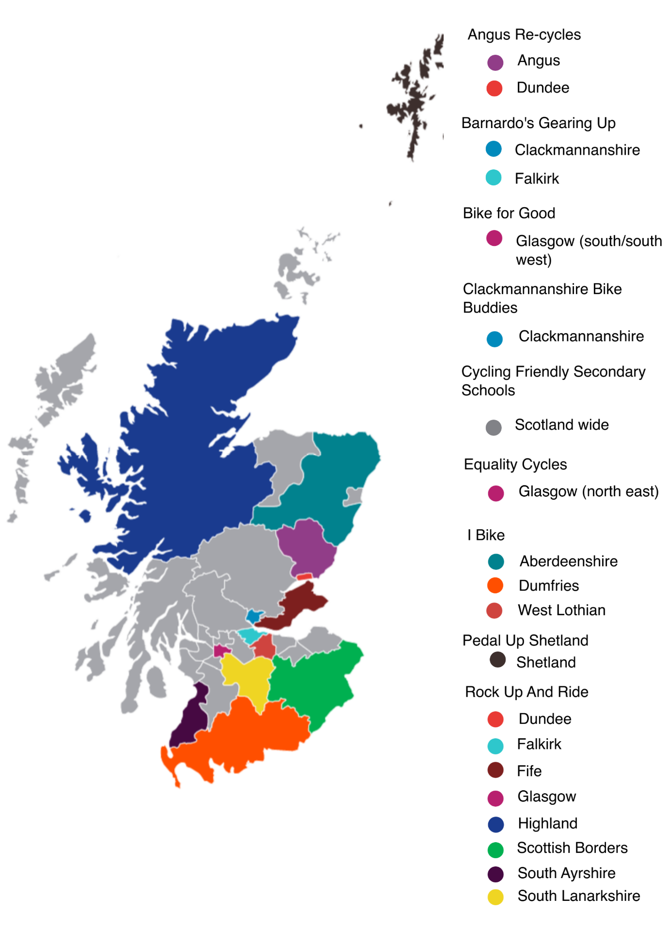 Map showing geographical areas covered by pilots. One is Scotland wide, four cover multiple local authority areas, two focus on one local authority area, and two are community based. Each project is described in the text below.