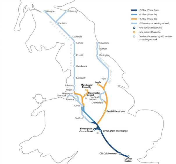 Map graphic showing HS2 routes that the UK Government initially set out to build - as described in text.