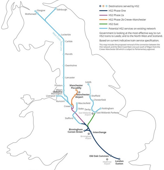 Map graphic showing the post 2021 HS2 routes - as described in text.