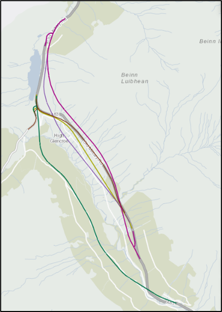 Map showing each of the long term solution option routes through the Glen Croe valley.