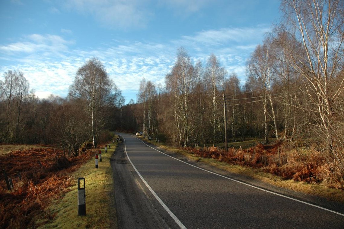 Single track road passing through wooded countryside