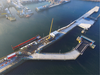 Aerial overview of Troon berth and terminal building.