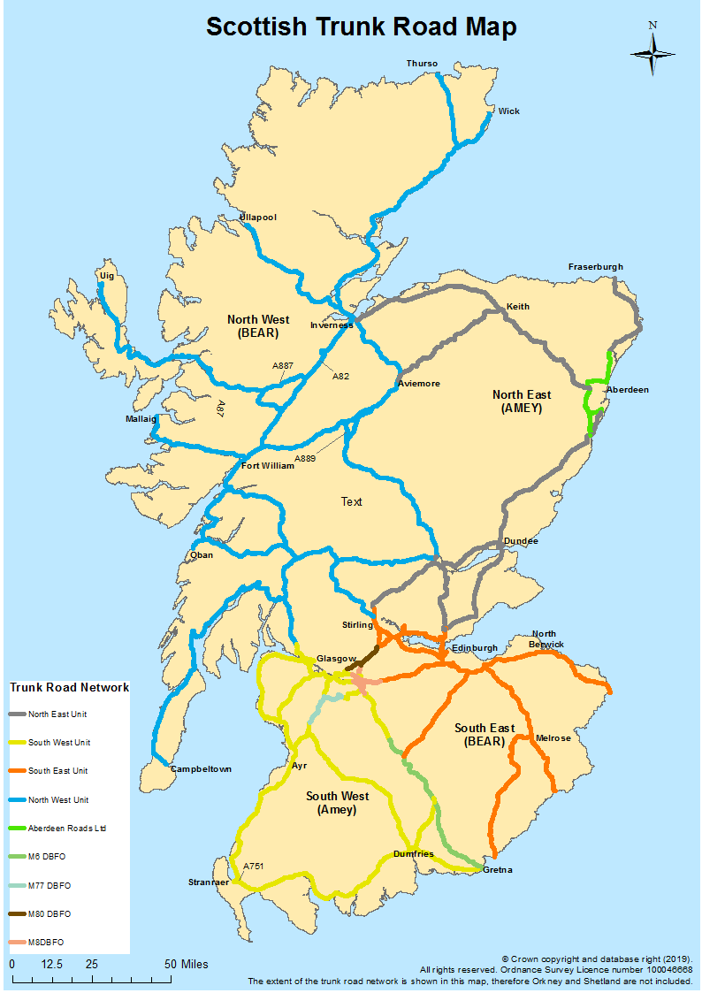 Map of Scottish trunk road network showing which operating company manages which region. BEAR (North West, South East), Amey (South West, North East).